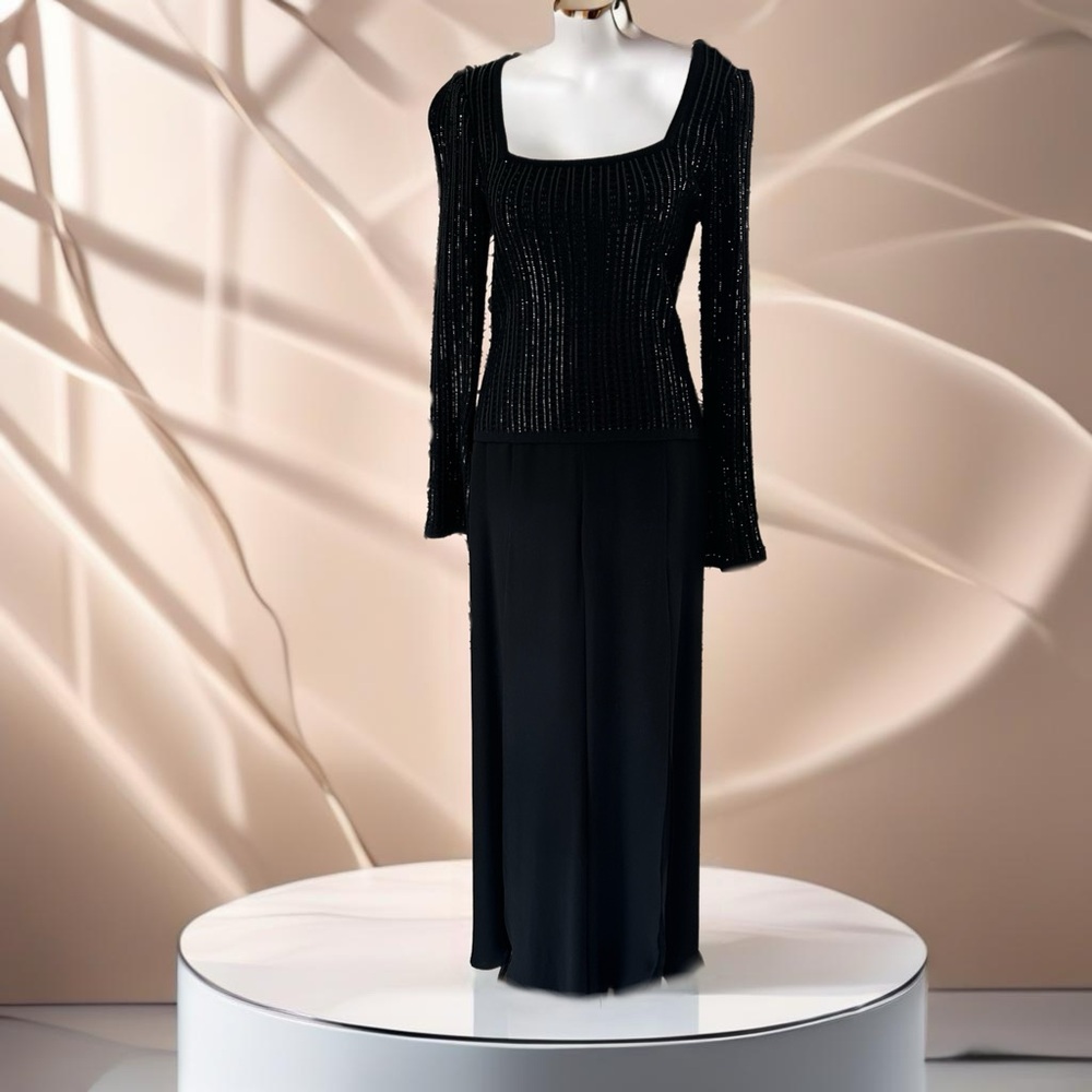 St John Embellished Black Knit Top with Silk Flowing Pants Size 0